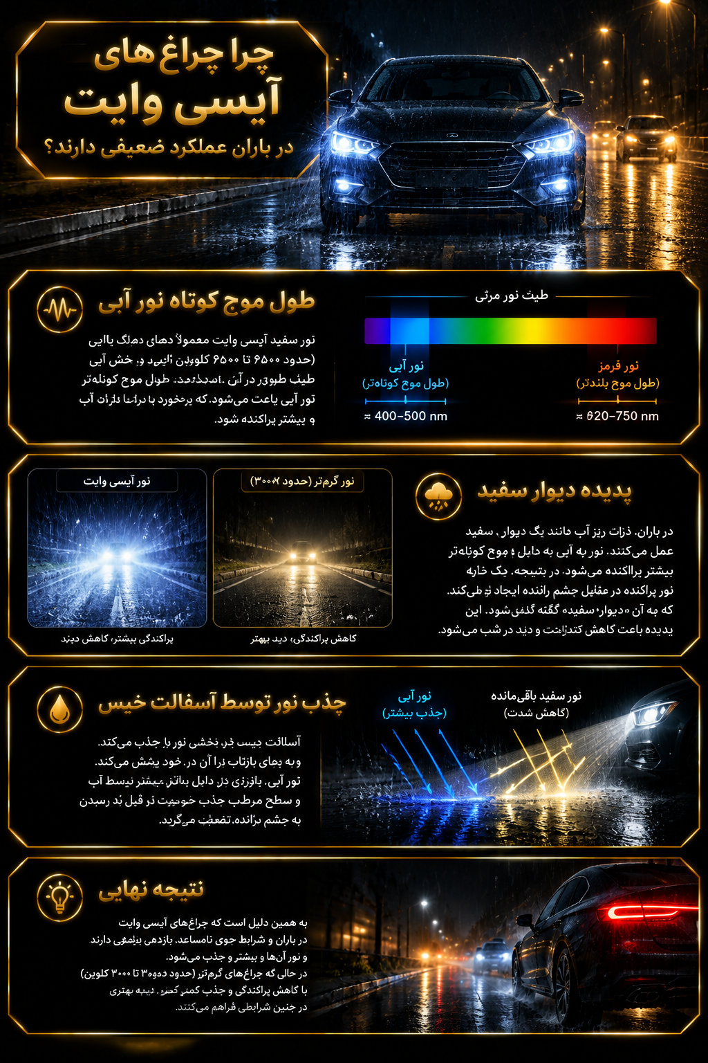 چرا نورهای یخی در باران عملکرد ضعیفی دارند؟